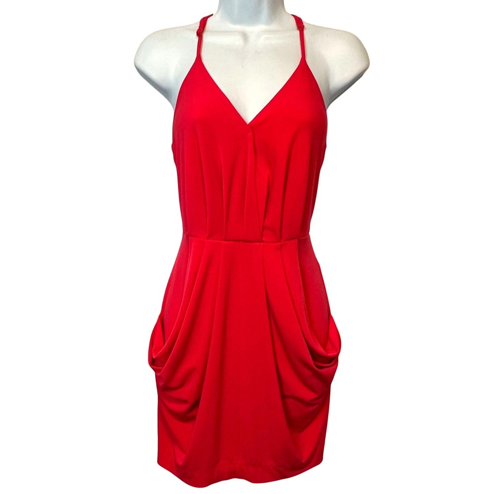 BCBGeneration‎ Draped Mini Dress Womens Small Red Excellent Halter V-Neck Snaps
